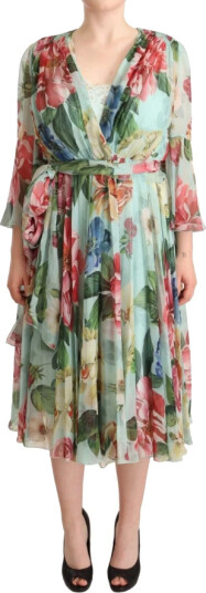 Dolce & Gabbana Green Floral Long Sleeves V-neck Midi Dress Grønn S