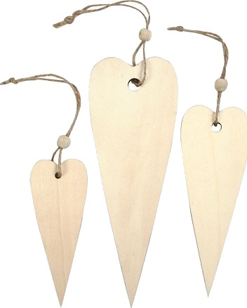 Diverse Treoppheng avlangt hjerte H: 12+16+20 cm tykkelse 5 mm 3 stk 1 pk