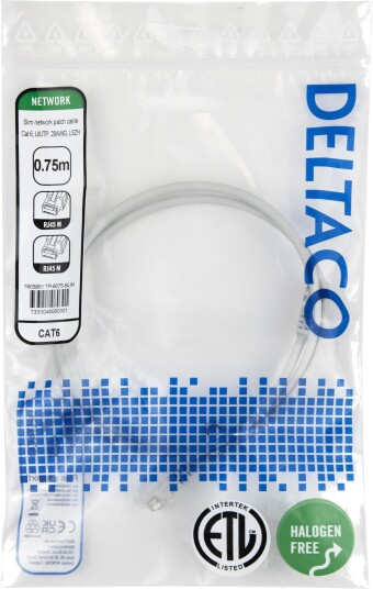 DELTACO Nettverkskabel Cat6 U/UTP AWG28 LSZH 0,75 m Grå