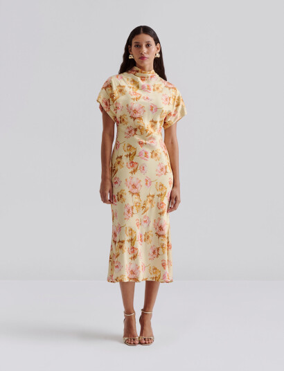Malina Alivia Short Sleeve Satin Midi Dress - Yellow - XL