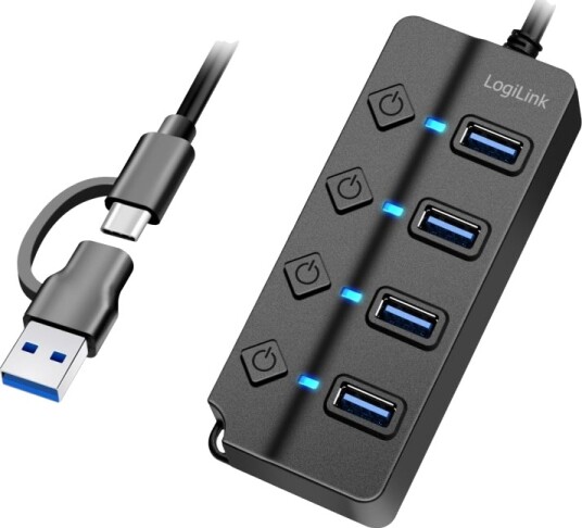 LogiLink USB-nav med 4 porter og separate på/av-knapper USB-C/USB-A i USB 3.2 Gen1