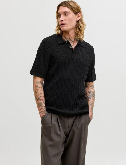 Jack & Jones Jjeemil Knit Cable Polo Ss Ln Black S