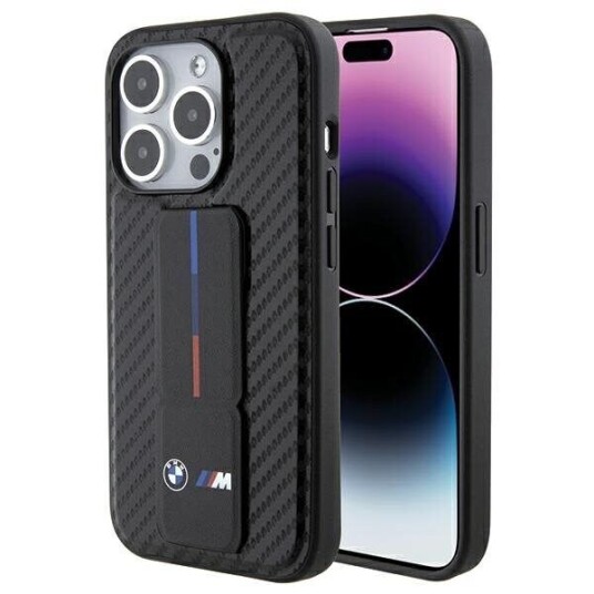 BMW iPhone 15 Pro Hardcase med Grip Stand i Smooth & Carbon - Svart