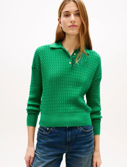 Tommy Hilfiger Co Cable Fine Gg Rlxd Polo Swt Green L Tommy Hilfiger Co Cable Fine Gg Rlxd Polo Swt Green L