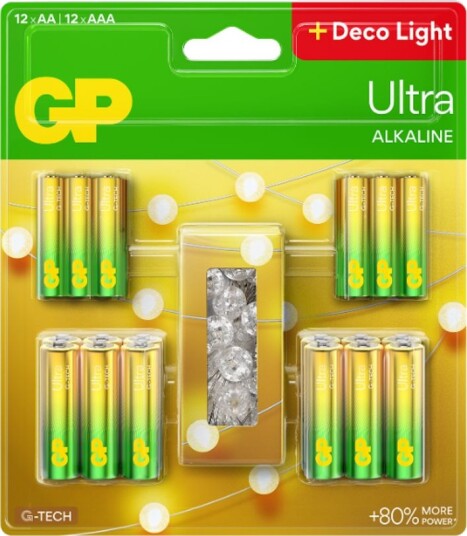 GP Batteries GP Ultra Alkaline 12 stk. AA-batterier + 12 stk. AAA-batterier + 2 m lyslenke