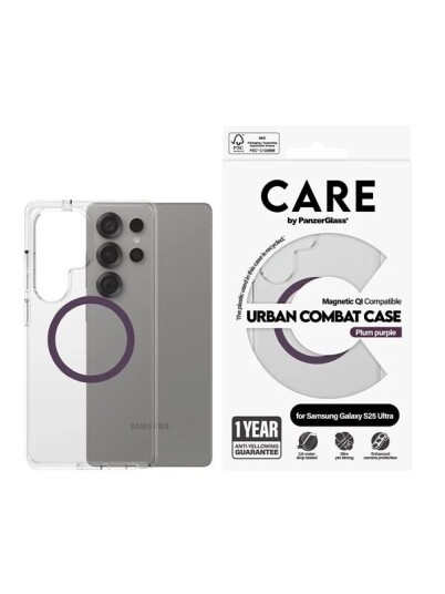 PanzerGlass Urban Combat Mobildeksel Plommepurpur for Samsung Galaxy S25 Ultra - Gjennomsiktig og Qi Kompatibel
