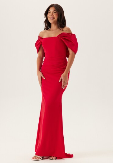 Goddiva Bardot Satin Bow Back Maxi Dress Goddiva Bardot Satin Bow Back Maxi Dress