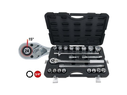 Ks Tools 911.0721, Støpselsett, 3/4", 21 Hoder, Kromvanadiumstål, 14,5 Kg