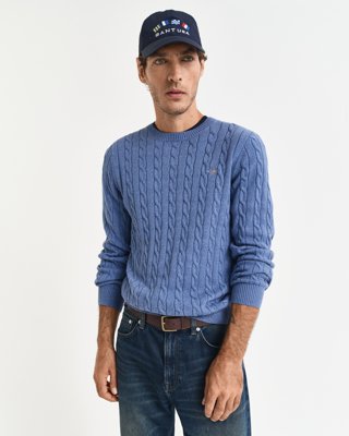 Gant Kabelstrikket genser i bomull med rund hals DENIM BLUE MELANGE S
