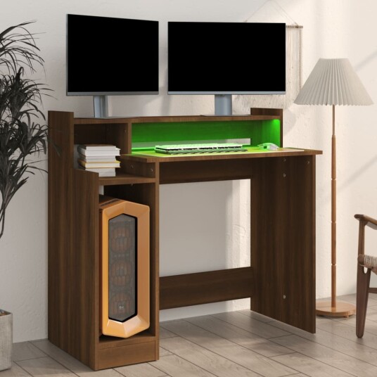 vidaXL Skrivebord med LED-lys brun eik 97x90x45 cm konstruert tre
