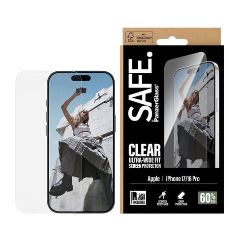 PanzerGlass SAFE iPhone 16/17 Pro Ultra Wide Fit Skjermbeskyttelsesglass Gjennomsiktig
