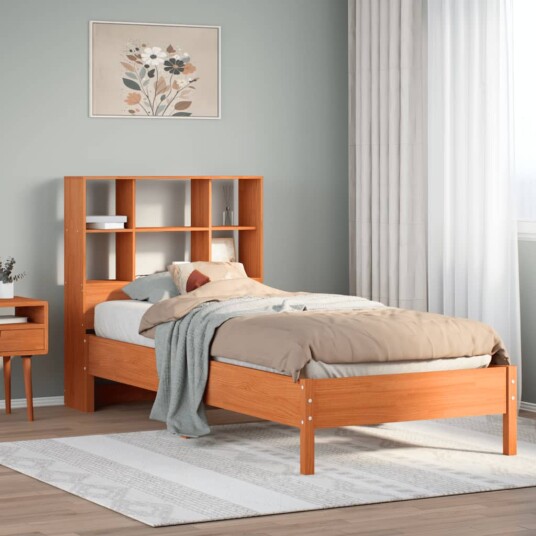 Seng med bokhylle uten madrass voksbrun 90x200 cm heltre furu 8721158616685