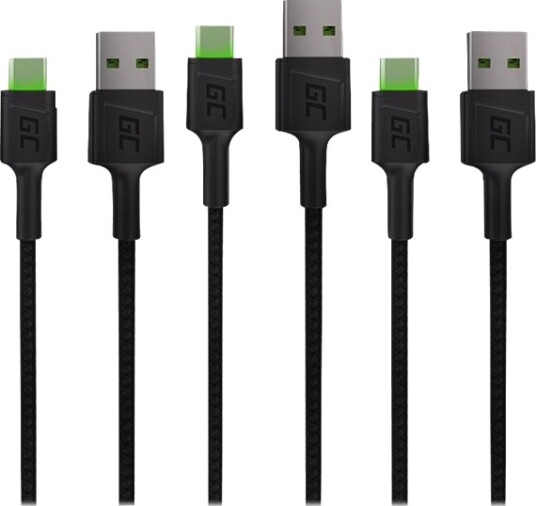 Green Cell Gc Ray Usb-Kabel Usb-C Hann Grønn Led-Belysning Til Usb Hann Usb 2.0 2.4 A 2 M Svart En Pakke 3