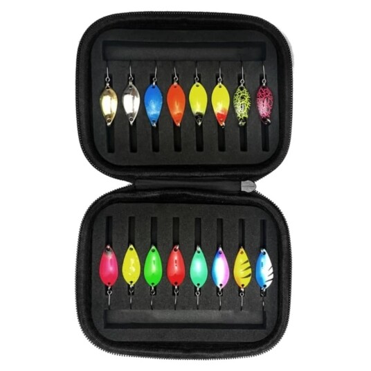 16 stk 2,5 g 3,5 g 5 g ørretfiskeagn Flimmer Drag Spinner med oppbevaringspose