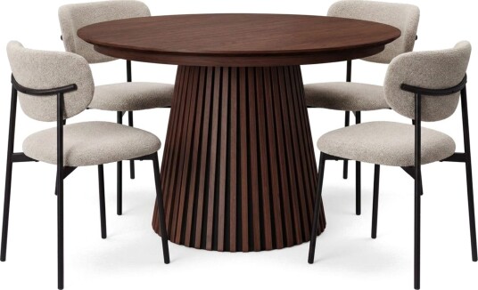 Spisegruppe Bark Peyra 120 220 cm Valnøtt Greige bouclé/metallben svart  