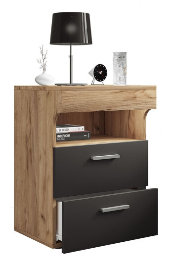 SlepalL nattbord 2 skuffr 1 hylle antracitt, eik dekor.