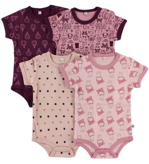 Pippi Bodyer k/e 4 pack Rosa/Lilla m. Mønster Pippi Baby 1 år 80 Kortermet body