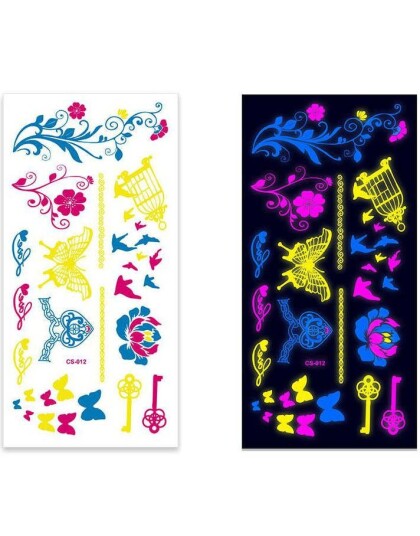 Ark med Fluorescerende Bomster Sommerfugler og Andre Tatoveringer UV Fake Tattoo