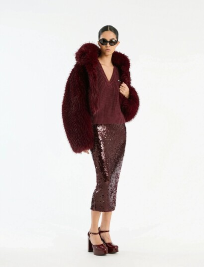 ROTATE Birger Christensen Faux Fur Crop Jacket Burgundy S/M ROTATE Birger Christensen Faux Fur Crop Jacket Burgundy S/M