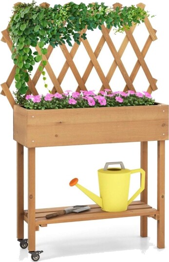 Hevet seng på hjul med hylle og espalier og stofffor blomsterbed 90 x 29 x 129 cm Hevet seng på hjul med hylle og espalier og stofffor blomsterbed 90 x 29 x 129 cm