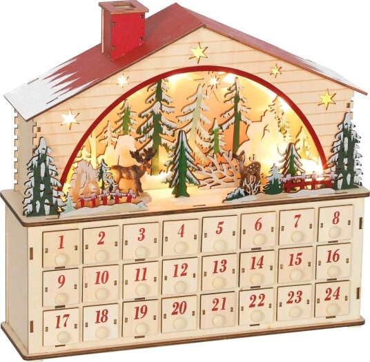 Adventskalender med LED lys 24 skuffer naturlig tre