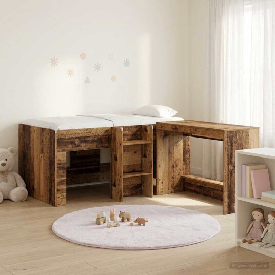  Barneseng med skrivebord Gammelt tre 80 x 160 cm Konstruert tre