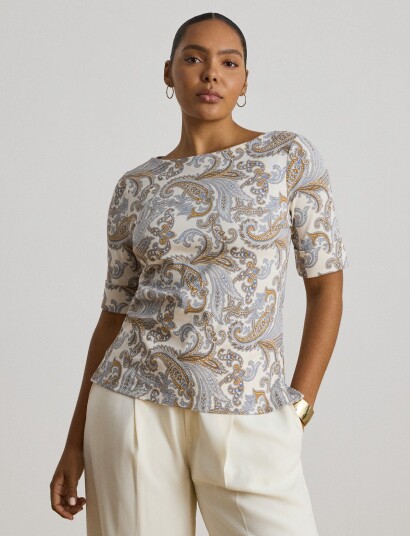 Lauren Ralph Lauren Paisley Stretch Cotton Boatneck Tee Cream M