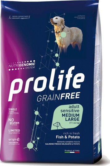 Prolife Grain Free Adult Sensitive Medium/Large Fish & Potatoes Kornfri Voksen Medium/Stor Sett % 2 X 10 kg