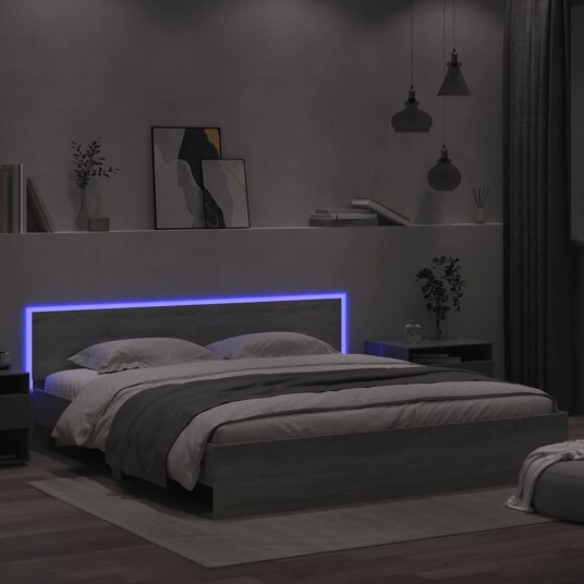 vidaXL Sengeramme med hodegavl og LED grå sonoma 200x200 cm 8721012248038