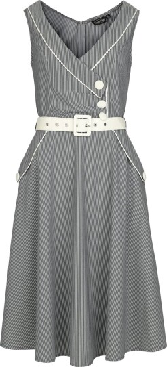 Voodoo Vixen Rockabilly Kort kjole Asymmetrisk Kjole med Knapper og Pinstriper S til XXL Damer grå hvit