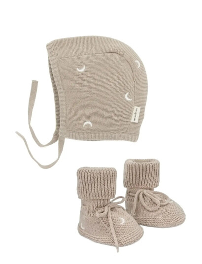 Moonboon Knitted Bonnet And Booties Giftbox   Beige   6 9M74CM