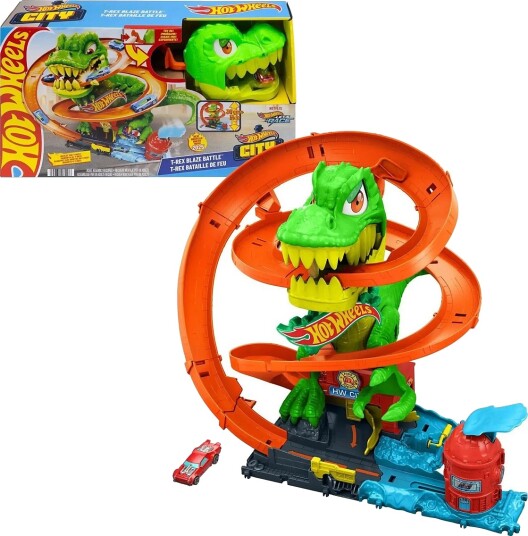 Hot Wheels City T Rex Blaze Battle Playset & 1:64 Scale Die Cast Car Dinosaur Nemesis