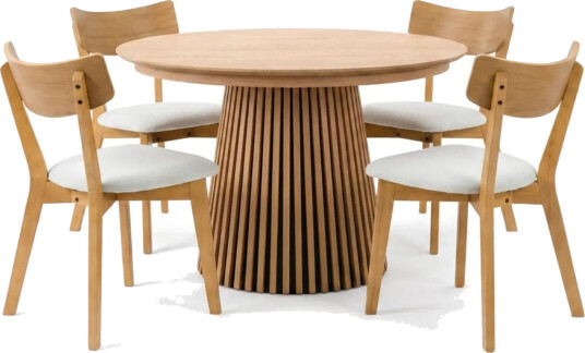 Peyra spisegruppe uttrekkbar rund 120–220 cm i eik med 4 Amelia spisestoler med pute Eik/beige