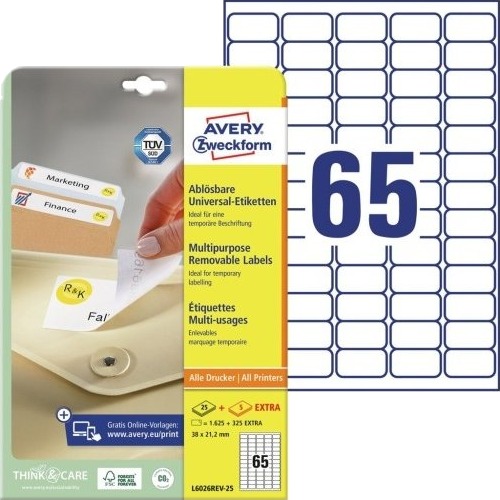 Avery L6026rev 25 Hvitt Rektangulært Flyttbart A4 Universalpapir