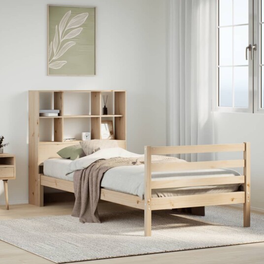 Seng med bokhylle uten madrass 100x200 cm heltre furu 8721158606822