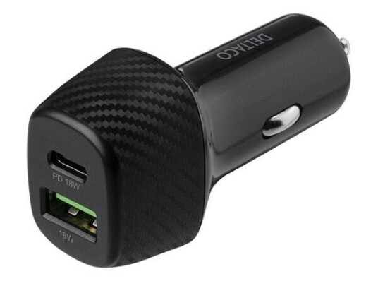 Deltaco USB-C PD 18W Bilstrømadapter med 2 Utganger, Svart