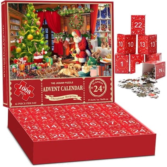 Adventskalender med puslespill 2025   1008 brikkers puslespill for voksne og barn 24 dagers nedtellingskalender Julenissens overraskelse_1