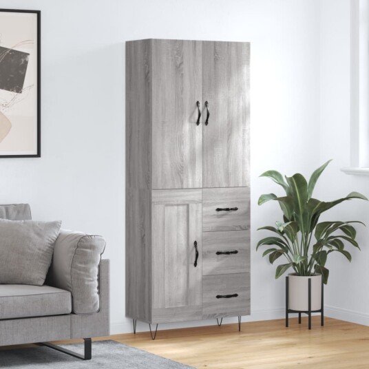 Highboard grå sonoma 69,5x34x180 cm konstruert tre