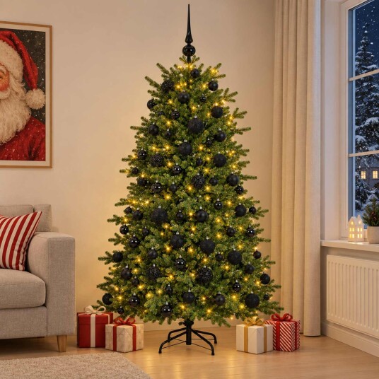 vidaXL Kunstig juletre med julekuler 210 cm 300 LED-lys Varmhvit