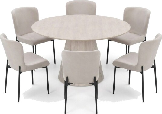 Siena spisegruppe rund 130 cm hvitlasert med 6 Elsie spisestoler Hvitlasert/beige