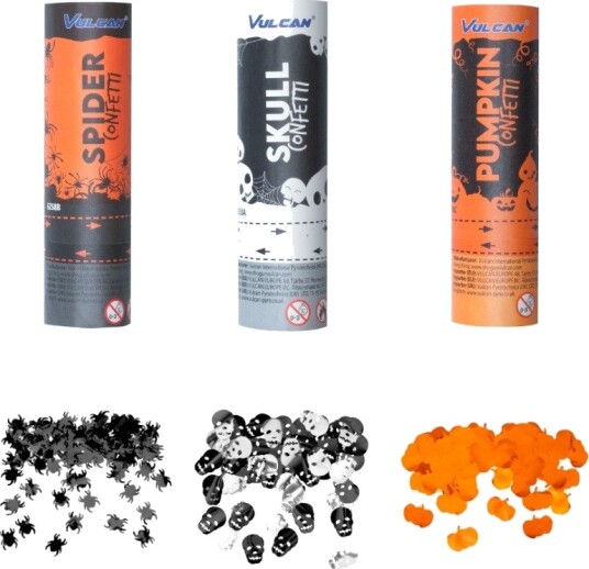 3 stk Halloween Konfettikanoner 15 cm Edderkopp, Hodeskalle og Gresskar Halloween 72036