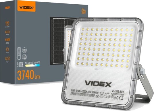 Videx 30W Solara LED lyskaster med solcelle   3740lm IP65 5000K 96Wh batteri aluminium utendørs   Dimbar : Via fjernkontroll Kulør : Nøytral