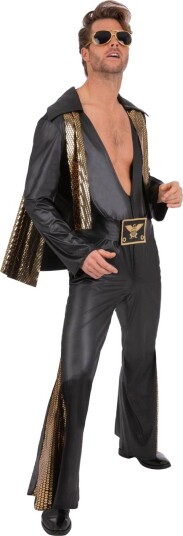 Lisensiert Svart og Gullfarget Elvis Jumpsuit Herrekostyme