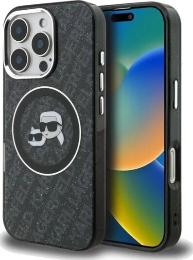 Karl Lagerfeld IML Glitter Karl & Choupette Heads Logo MagSafe Case for iPhone 16 Pro Max - Black