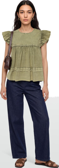 Ganni Washed Stretch Cotton Frill Sleeve Top Khaki green 34