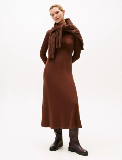 Tommy Hilfiger 5X2 Rib Flare Midi Dress Ls - Brown - XXL