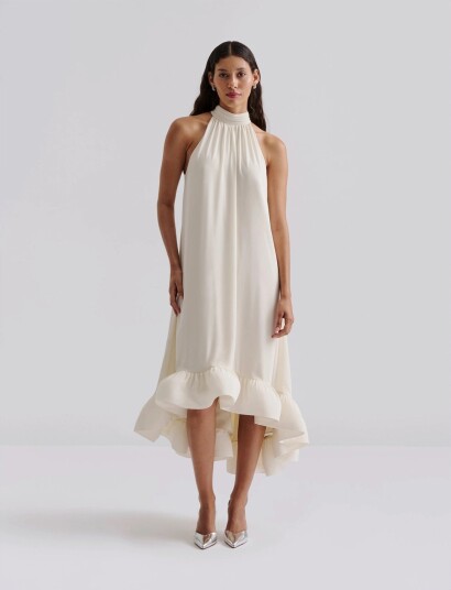Malina Sabrina Halterneck Ruffled Midi Dress   Cream   XL