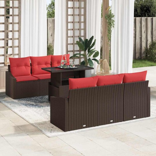 vidaXL Hagesofa Set 7 stk. 6-Antall seter Brun og rød polyrotting