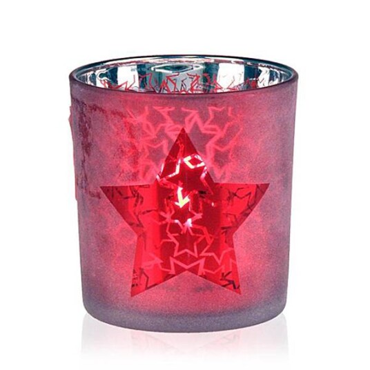 Telysglass rødt med stjerne julepynt