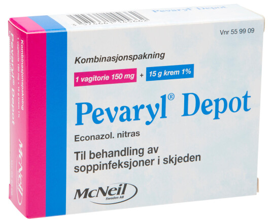 Pevaryl Kombinasjonspakke, 150 mg vagitorie og 15 gram 1% krem Pevaryl Kombinasjonspakke, 150 mg vagitorie og 15 gram 1% krem